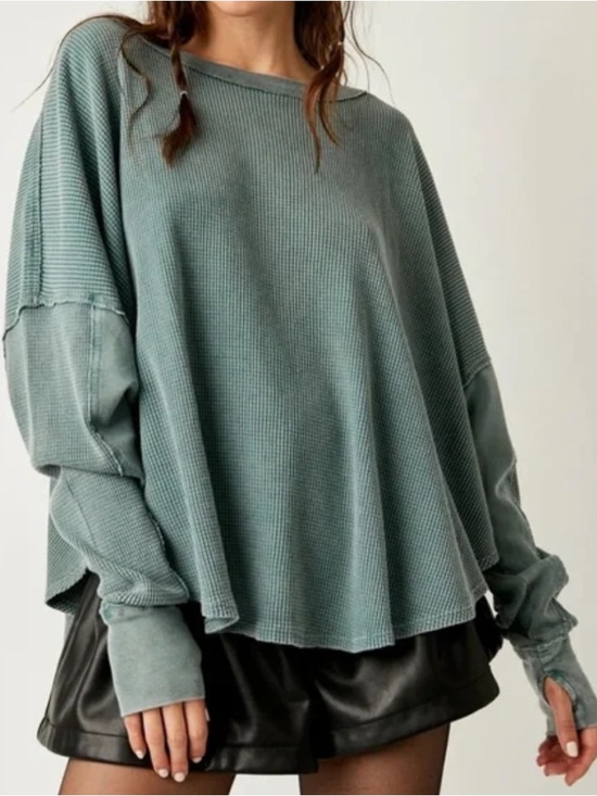We The Free Tops - We The Free Sage Green Waffle Knit Long Sleeve Top